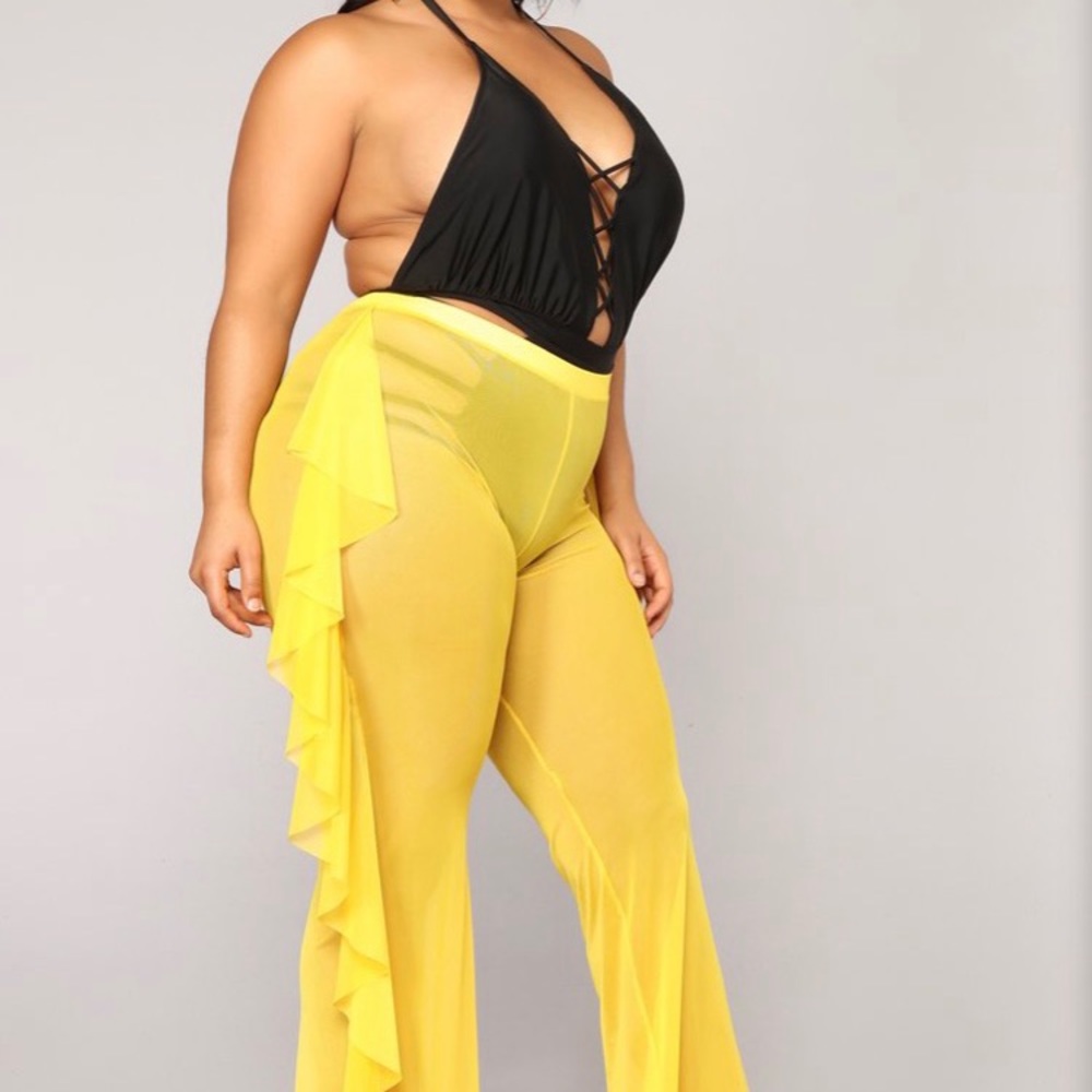 Yellow mesh swim cover up pants